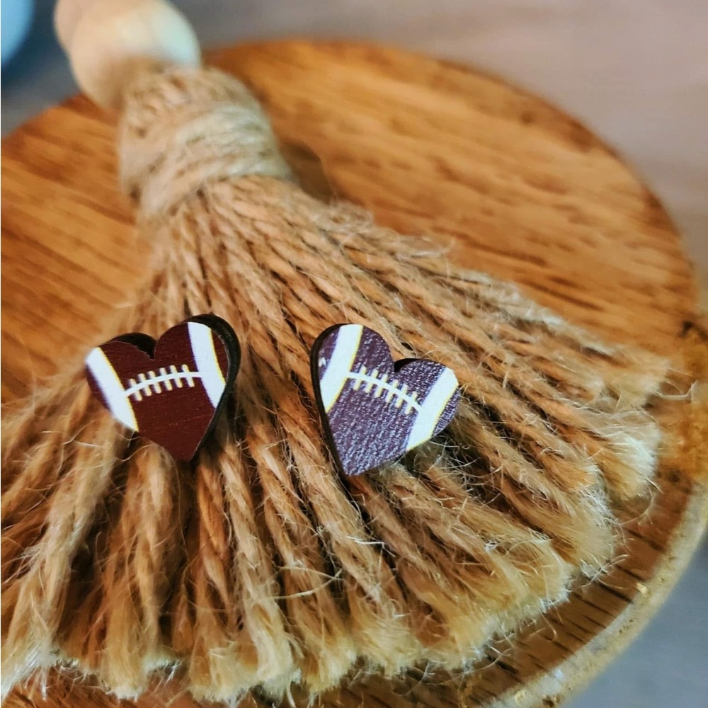Handmade Heart Shaped Football Stud Earrings